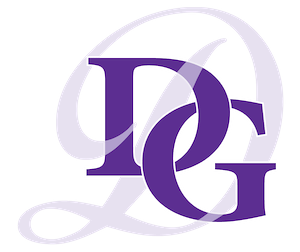 Stylized overlapping DG monogram logo in purple and gray